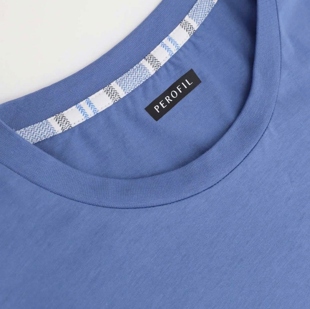 Perofil Pigiama Corto Girocollo in Cotone Jersey Stampa Regimental - Denim