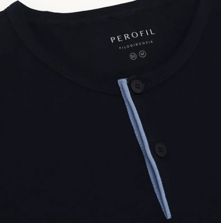 Perofil Pigiama Venezia Lungo con Collo a Serafino e Polsini in Filo di Scozia - Blu