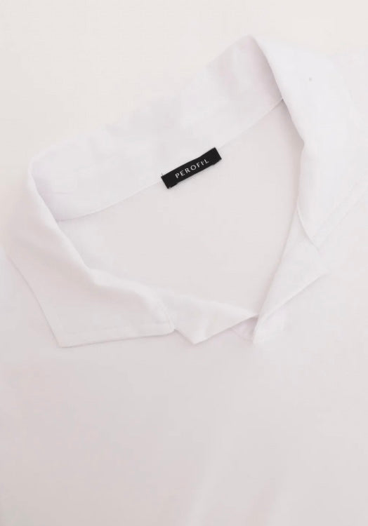 Perofil Pigiama Corto con Maglietta Polo in Cotone e Bermuda in Lino - Bianco